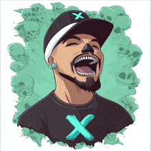 a drawing of a man wearing a hat and a shirt with an x on it