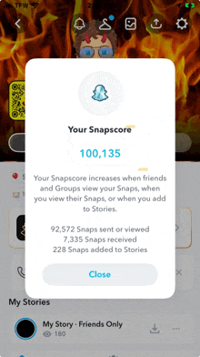 a screenshot of a snapchat app that says your snapscore 100 135