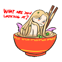 a cartoon of a mermaid in a bowl of noodles with chopsticks and the words " what are you looking at "