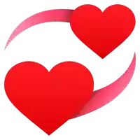 two red hearts are connected by a pink ribbon on a white background