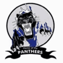 the panthers logo is a black panther with a crown on its head and a ribbon .