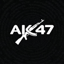 a white ak47 logo on a black background