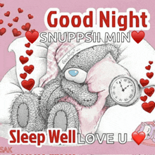 a teddy bear laying on a pillow with a clock and the words good night snuppsii min sleep well love u.