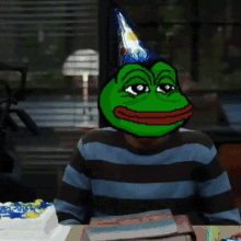 a man wearing a party hat with a frog on his head