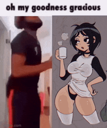 a man is standing next to a drawing of a woman holding a cup of coffee .