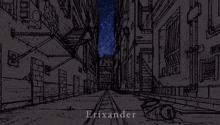 a black and white drawing of an alleyway with the word erixander on the bottom