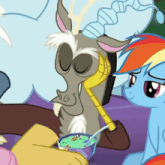 a cartoon drawing of a pony with a spoon in its mouth