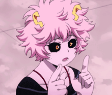 a girl with pink hair is giving a thumbs up sign