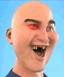 a cartoon man with a bald head and red eyes is smiling with his mouth open .