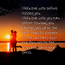 a couple kissing in front of a sunset with a quote about love