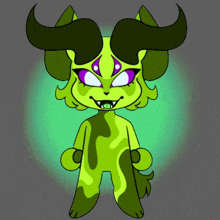 a cartoon drawing of a monster with horns and purple eyes