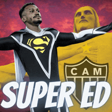 a man in a superman costume stands in front of a cam emblem