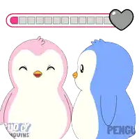 a couple of penguins standing next to each other with a loading bar behind them that says rudgy penguins