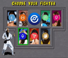 a choose your fighter screen with a man standing in front