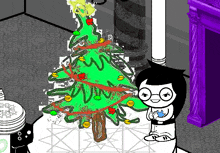 a cartoon character stands in front of a green christmas tree