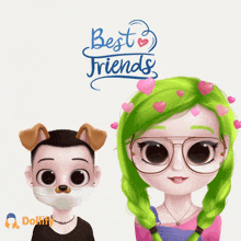 a girl with green hair is standing next to a boy wearing a mask with a dog 's ears