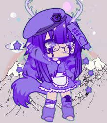 a drawing of a girl with purple hair wearing a purple hat and glasses