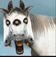 a horse with two heads and yellow eyes looks surprised