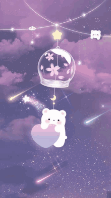 a white teddy bear is holding a heart while hanging from a glass globe with flowers on it