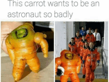 a carrot that looks like an astronaut is being held by a person