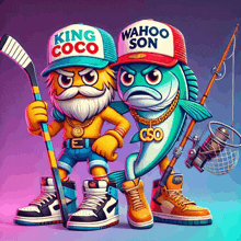 a cartoon of king coco and wahoo son holding hockey sticks