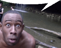 a man with a surprised look on his face is standing next to a waterfall