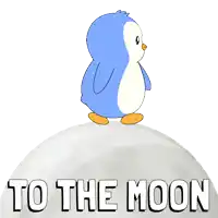 a penguin is standing on top of a moon with the words to the moon written below it