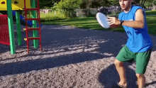 a man wearing a blue shirt that says ' ucsd ' on it is holding a frisbee in a park