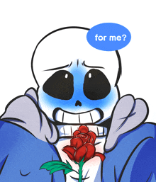 a cartoon drawing of a skeleton holding a rose with a blue circle that says " for me "