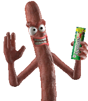 a cartoon character is holding a packet of appetizers