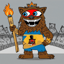 a cartoon of a bear holding a torch with a crown on its head