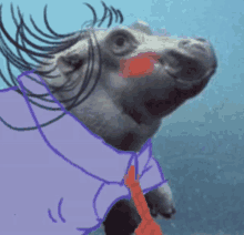 a hippo wearing a purple shirt and tie