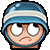 a cartoon soldier with a sad face wearing a blue helmet and glasses .