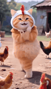 a cat wearing a chicken hat is surrounded by chickens ..
