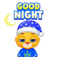 a cartoon bear wearing a sleep cap and a blue shirt says good night
