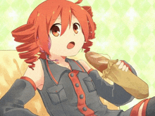 a girl with red hair holding a loaf of bread