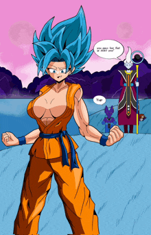 a cartoon drawing of a female dragon ball z character with blue hair