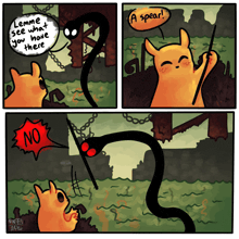 a comic strip shows a cat holding a spear and a snake saying a spear