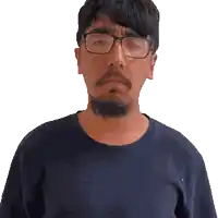 a man wearing glasses and a blue shirt is making a funny face