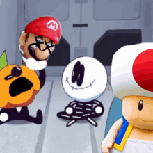 a cartoon drawing of a toad a pumpkin and mario with the letter m on his hat