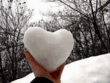 a hand is holding a heart shaped snowball in the snow .