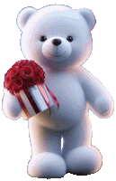 a white teddy bear holding a box of roses