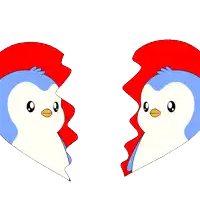 two penguins are kissing inside of a heart