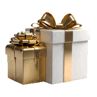 a white gift box with a gold ribbon and bow is next to a gold gift box