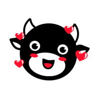 a black and white cartoon cow with hearts around its ears .