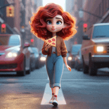 a girl with red hair is holding a slice of pizza in her hand