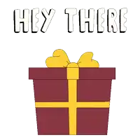 a penguin is coming out of a gift box with the words hey there written above it
