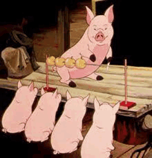 a group of pigs are standing around a table with a pig standing on a bar .