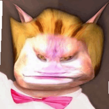 a cartoon cat with a pink bow tie looks angry