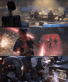 a collage of images showing a woman holding a laser rifle